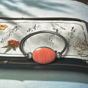 925 Mexico and natural pink peach orange stone, hinged cuff bracelet